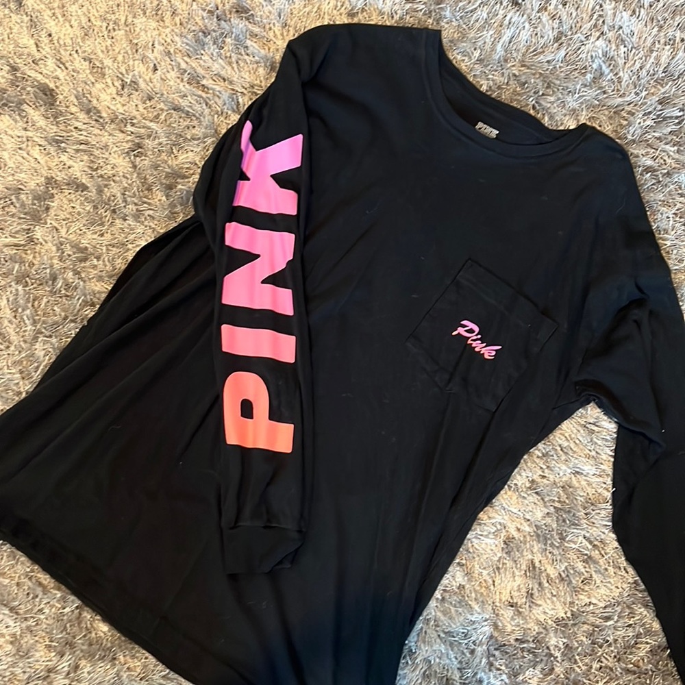 Black long sleeve with pink and coral writing